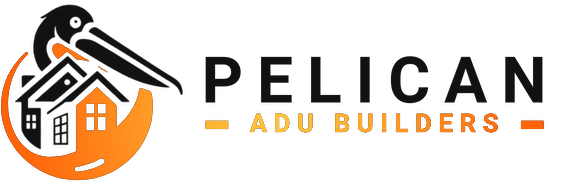 A logo for Pelican ADU Builders features an illustration of a pelican with a house structure integrated into the design. The logo uses an orange circular background, with the text 'PELICAN' above and 'ADU BUILDERS' below in black and orange font styles.