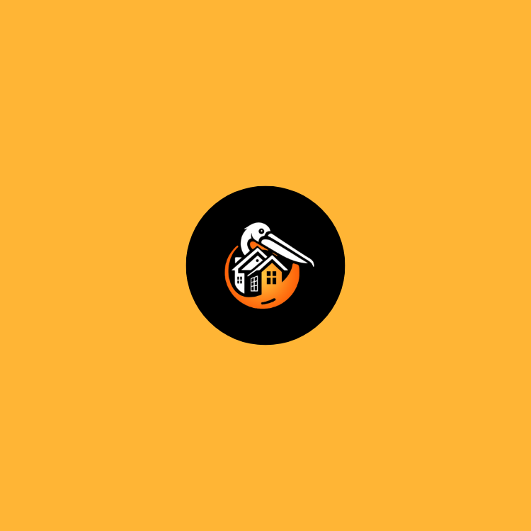 A circular logo featuring a stylized bird above a house icon. The logo is surrounded by a black circle, set against a bright orange background. The house displays two windows and a door, emphasizing a home theme.